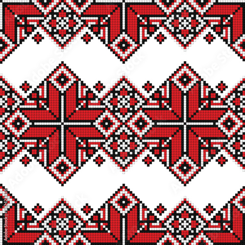 Cross-Stitch EmbroideriedSeamless Pattern with Ornate Element. Ethnic Motif, Handmade Stylization. Traditional Ukrainian Red and Black Embroidery. Ethnic Design Element. Vector 3d Illustration