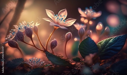  a painting of flowers and leaves on a dark background with light. generative ai