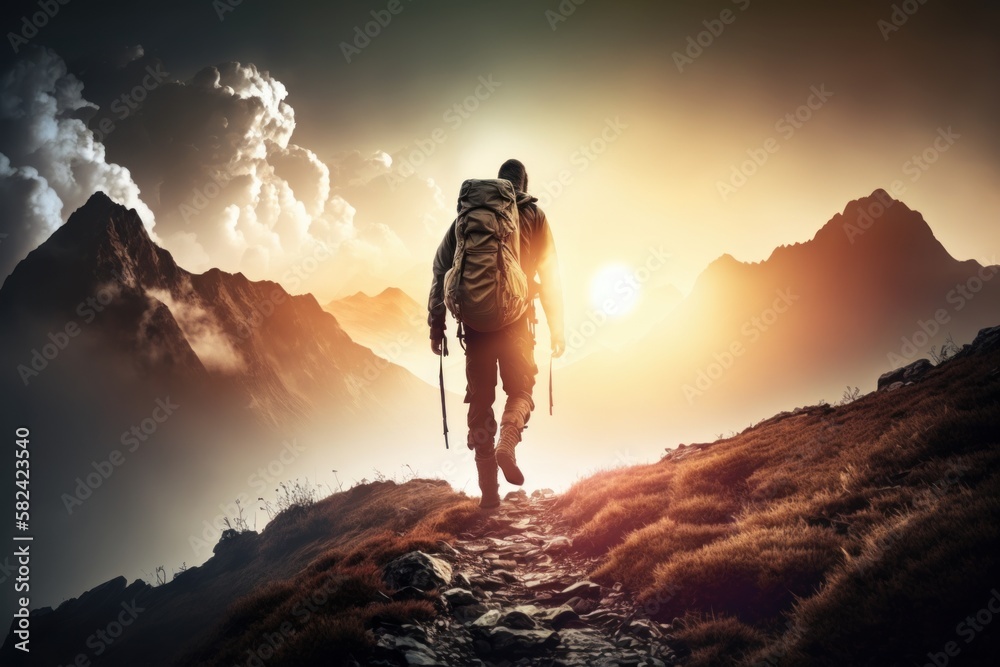 Fototapeta premium Summiting the Heights: A Solo Hiker's Personal Triumph at Sunrise. Generative AI.