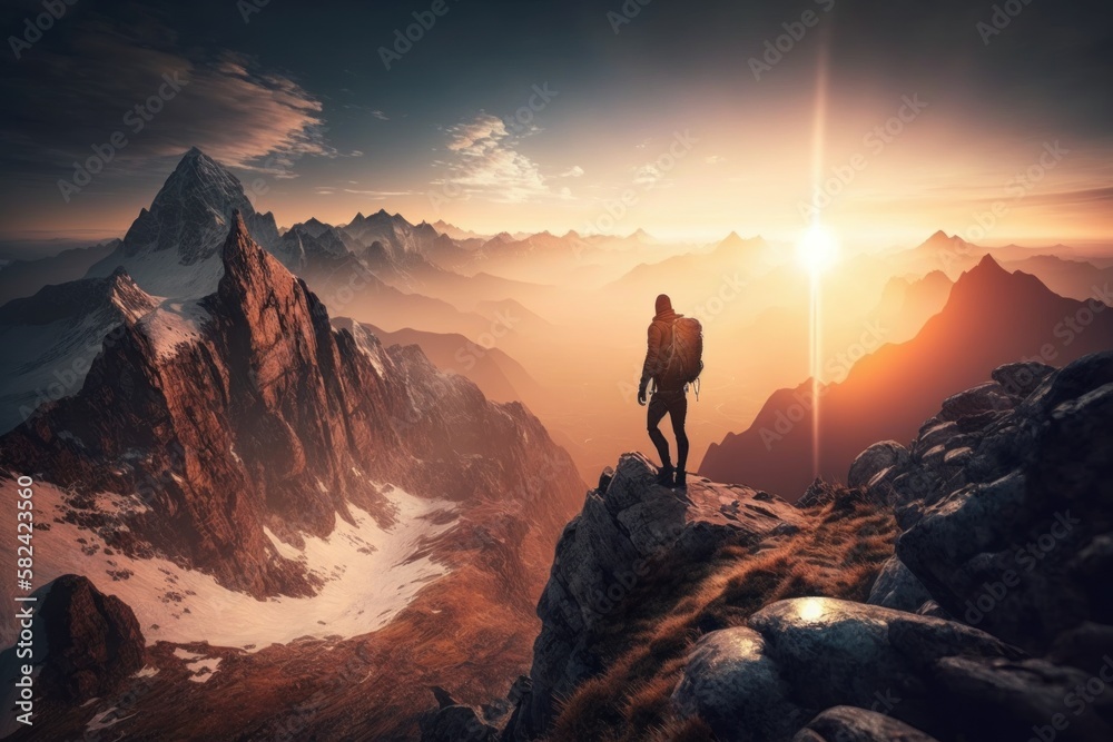 Summiting the Heights: A Solo Hiker's Personal Triumph at Sunrise. Generative AI.