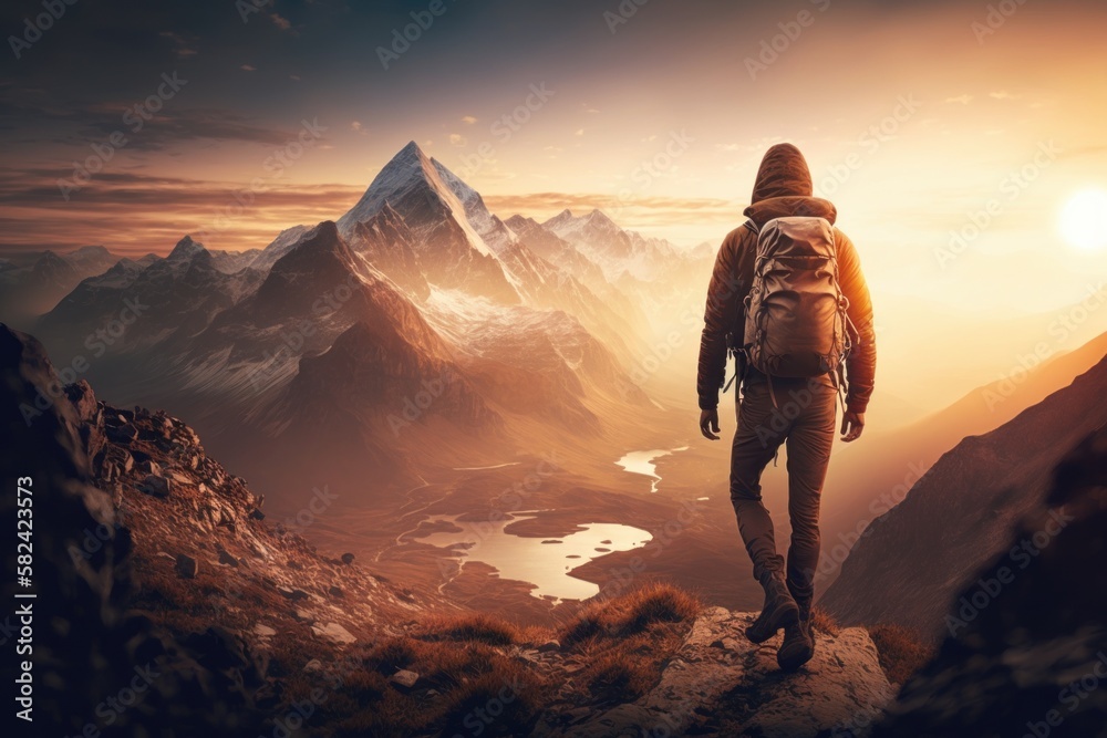 Summiting the Heights: A Solo Hiker's Personal Triumph at Sunrise. Generative AI.