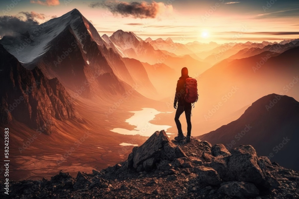 Summiting the Heights: A Solo Hiker's Personal Triumph at Sunrise. Generative AI.