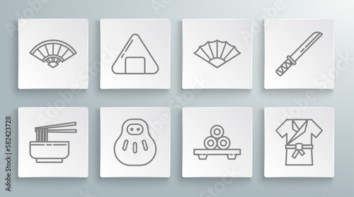 Set line Asian noodles in bowl and chopsticks, Sushi, Maneki neko cat, on cutting board, Japanese costume Kimono, Paper chinese or japanese folding fan, Traditional katana and icon. Vector