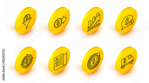 Set line Armored truck, Target with dollar symbol, Financial news, Speech bubble, growth and coin, Coin money and Lead management icon. Vector