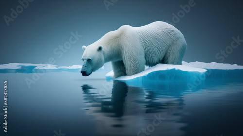 Sadness polar bear on ice in arctic  global warming concept. Generative AI