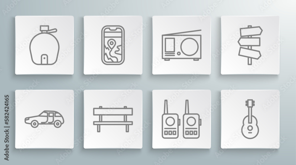 Set line Car, City map navigation, Bench, Walkie talkie, Guitar, Radio with antenna, Road traffic signpost and Canteen water bottle icon. Vector Set line Car, City map navigation, Bench, Walkie talkie, Guitar, Radio with antenna, Road traffic signpost and Canteen water bottle icon. Vector