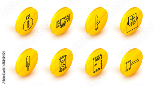 Set line Judge gavel, Prison cell door, Old hourglass with sand, Feather pen, Subpoena, Police rubber baton, Stacks paper money cash and Money bag icon. Vector