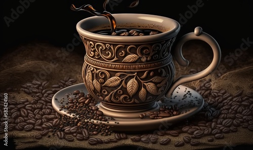  a painting of a cup of coffee on a saucer. generative ai