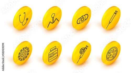 Set line Virus, Syringe and virus, Medicine bottle pills, Medical protective mask, Bacteria bacteriophage and Stethoscope icon. Vector