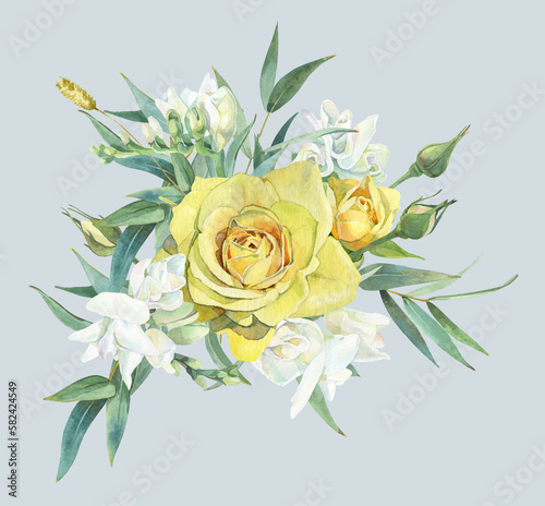 Watercolor bouquet of eucalyptus and yellow roses