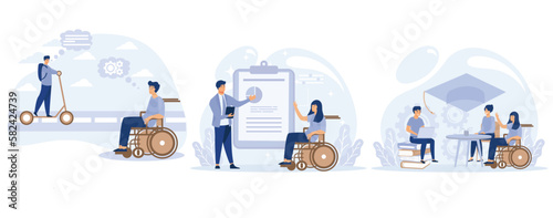 Social environment concept, Social adaptation of disabled people, employment and inclusive education, children with special needs, set flat vector modern illustration  