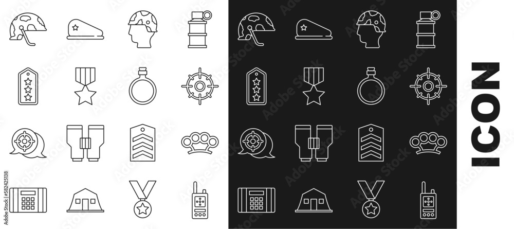 Set line Walkie talkie, Brass knuckles, Target sport, Army soldier, Military reward medal, rank, helmet and Canteen water bottle icon. Vector Set line Walkie talkie, Brass knuckles, Target sport, Army soldier, Military reward medal, rank, helmet and Canteen water bottle icon. Vector