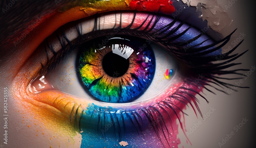 Rainbow eye iris closeup pupil and rainbow painted makeup, macro close up rainbow painted eye