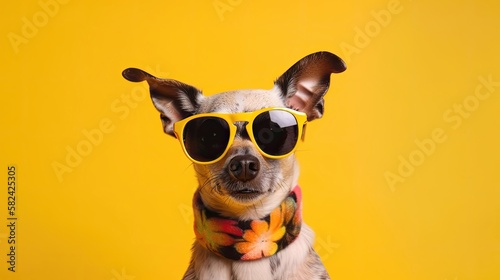 Cool surprised dog with sunglasses on colorful background. Generative AI © AdriFerrer