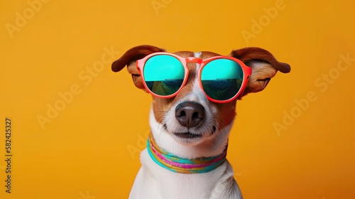 Cool surprised dog with sunglasses on colorful background. Generative AI © AdriFerrer