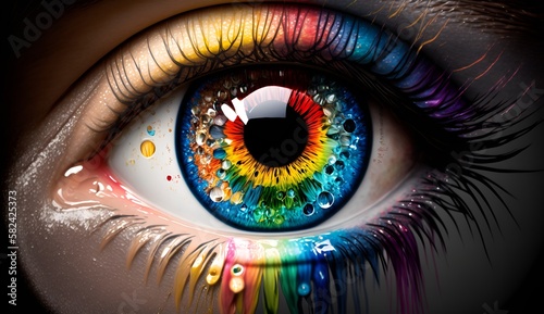 Rainbow eye iris closeup pupil and rainbow painted makeup, macro close up rainbow painted eye