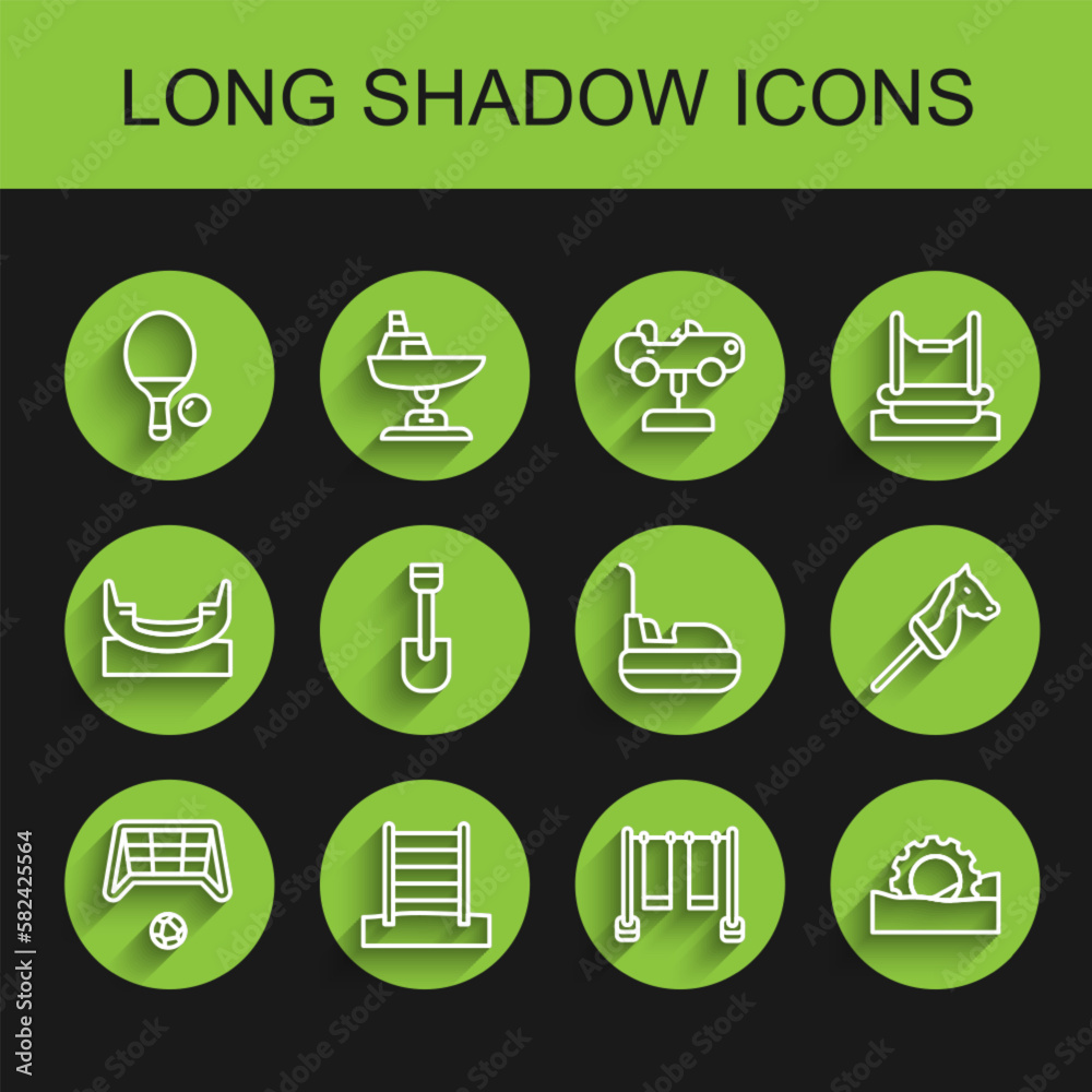 Set line Soccer goal with ball, Swedish wall, Racket and, Double swing, Ferris wheel, Shovel toy, Toy horse and Bumper car icon. Vector Set line Soccer goal with ball, Swedish wall, Racket and, Double swing, Ferris wheel, Shovel toy, Toy horse and Bumper car icon. Vector