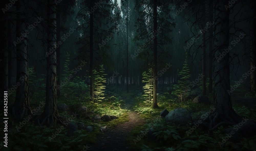 Fototapeta premium a dark forest with a path leading to a light at the end. generative ai