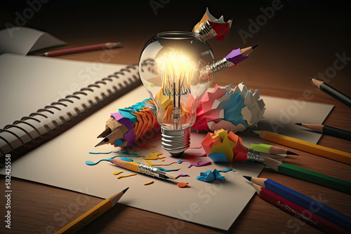 3d Creative writing education concept , light bulb and pencils on paper , ideas Copywriting and storytelling, generative AI