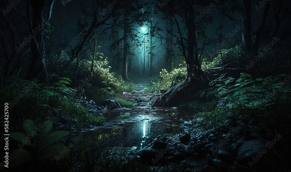 a dark forest with a stream running through the middle of it.  generative ai