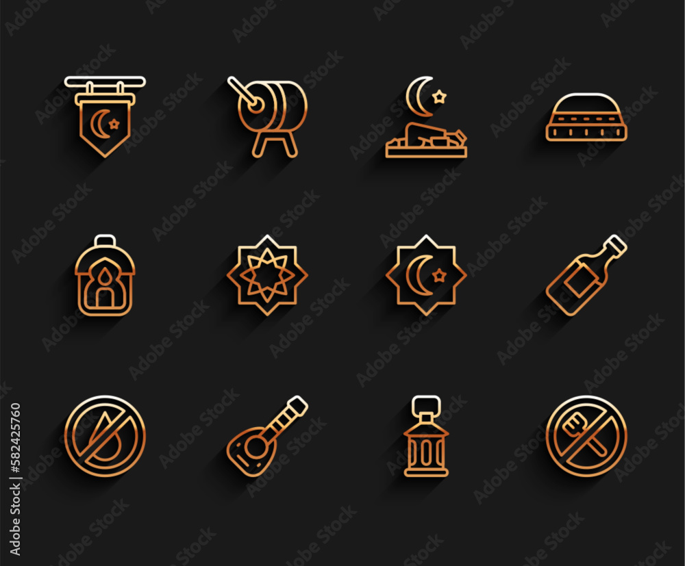 Set line No water, Lute, Star and crescent, Ramadan Kareem lantern, fasting, Octagonal star, Bottle of and icon. Vector Set line No water, Lute, Star and crescent, Ramadan Kareem lantern, fasting, Octagonal star, Bottle of and icon. Vector