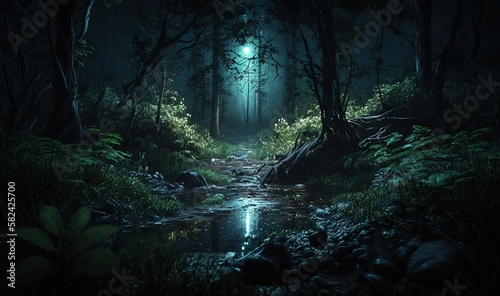  a dark forest with a stream running through the middle of it. generative ai