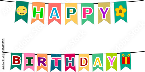 Happy birthday text on Bunting flags. Birthday party flags vector illustration.
