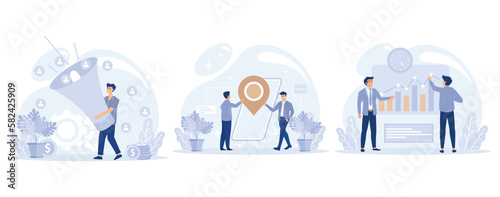 Sales and SEO digital strategy concept, Generating new leads, local search optimization, mobile media, sales funnel, crm, communication channel , set flat vector modern illustration