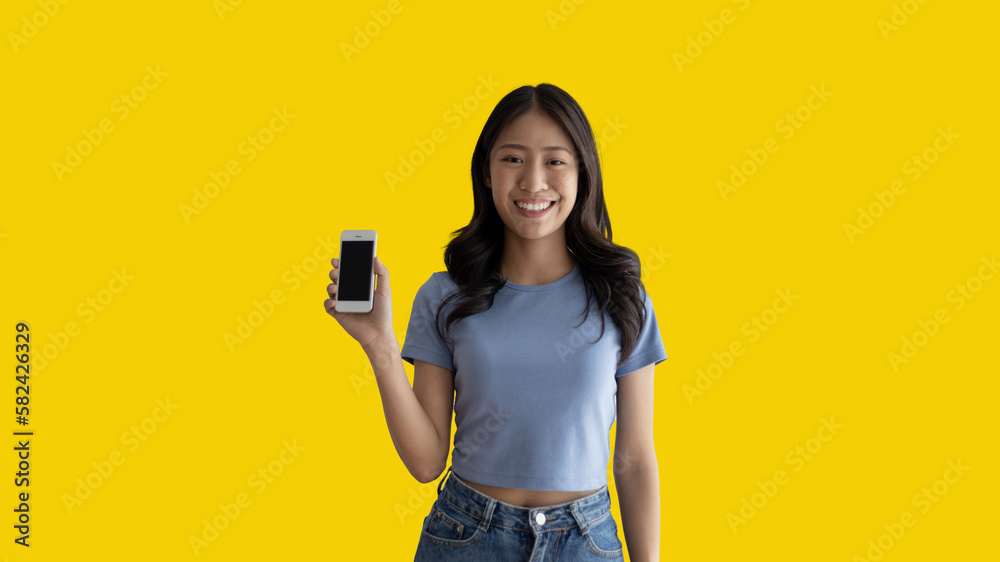 Call sign, Bright young asian woman inviting to call isolated on yellow background, Suggest to call or invite to apply for membership, Isolated on yellow background... Call sign, Bright young asian woman inviting to call isolated on yellow background, Suggest to call or invite to apply for membership, Isolated on yellow background...