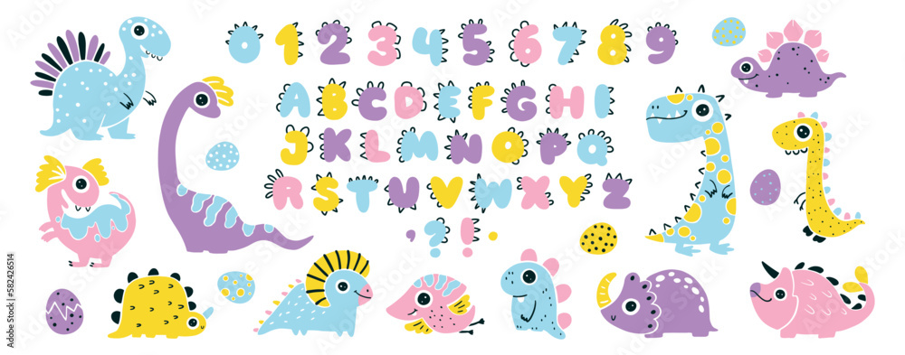 Girly Dino collection with alphabet and numbers. Funny comic font in simple hand-drawn cartoon style. A variety of childish girls dinosaurs characters. Colorful isolated doodle in pink palette.