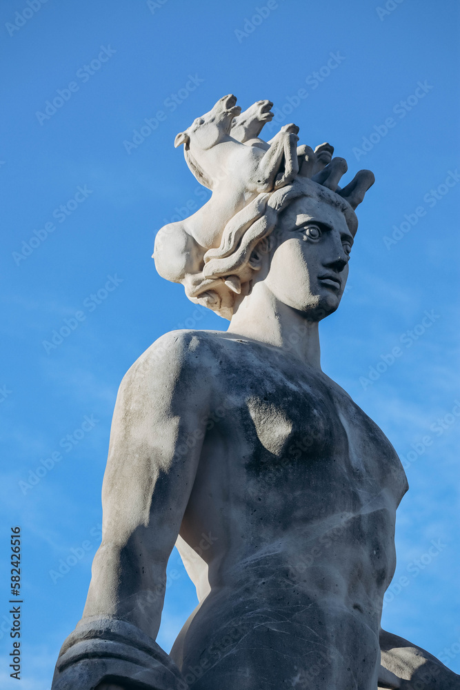 Nice, France - 17.03.2023: Statue on the Place Massena in the center of Nice in the morning Nice, France - 17.03.2023: Statue on the Place Massena in the center of Nice in the morning