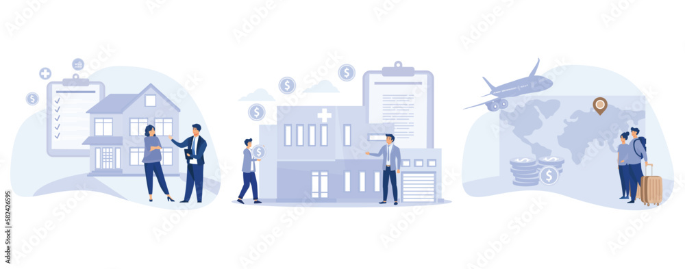 Naklejka premium Living on pension concept, Retirement estate planning, healthcare expenses of retirees, pension traveling, medical care of elderly people, set flat vector modern illustration