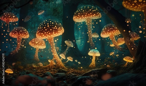  a group of mushrooms in a forest with lights on them. generative ai