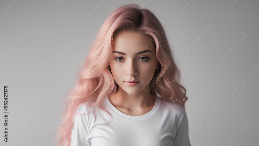 Portrait of serious teenage model girl with long pink hair isolated on grey background, Generative AI. Portrait of serious teenage model girl with long pink hair isolated on grey background, Generative AI.