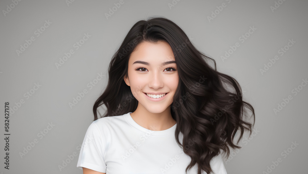 Portrait of smiling teenager girl with long dark brown hair isolated on grey background, Generative AI. Portrait of smiling teenager girl with long dark brown hair isolated on grey background, Generative AI.