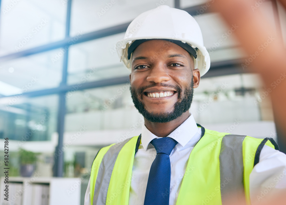Black man, construction or engineer selfie with a smile working in office for project management. Face of a male person working in building or engineering industry with pride for career and vision Black man, construction or engineer selfie with a smile working in office for project management. Face of a male person working in building or engineering industry with pride for career and vision