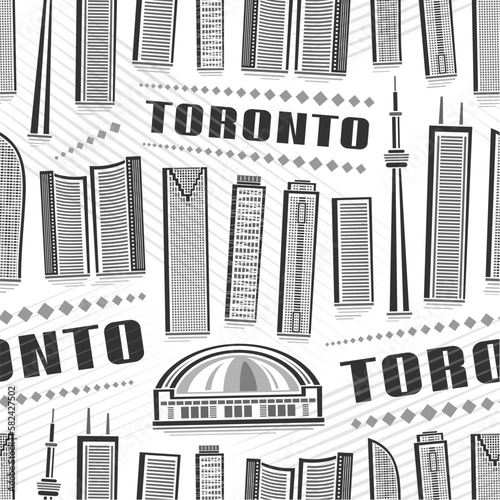 Vector Toronto Seamless Pattern, repeating background with illustration of famous toronto city scape on white background for wrapping paper, monochrome line art urban poster with black text toronto