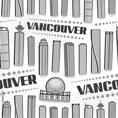 Vector Vancouver Seamless Pattern, repeat background with illustration of famous vancouver city scape on white background for wrapping paper, monochrome line art urban poster with black text vancouver
