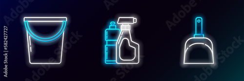 Set line Dustpan, Bucket and Plastic bottles for liquid dishwashing liquid icon. Glowing neon. Vector