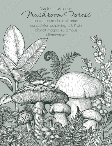 Vector mushroom forest frame. Fly agaric, honey agaric, porcini mushroom surrounded by plants