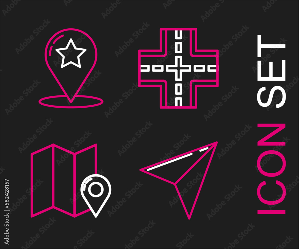Set line Paper airplane, Folded map with location marker, Road traffic sign and Map pointer star icon. Vector Set line Paper airplane, Folded map with location marker, Road traffic sign and Map pointer star icon. Vector