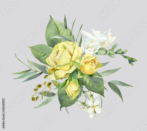 Watercolor bouquet with yellow roses and white flowers