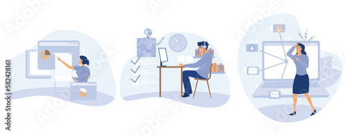 Business digitalization concept, Digital transformation, office wellbeing, digital overload, paperless workflow, social media time tracking app, set flat vector modern illustration