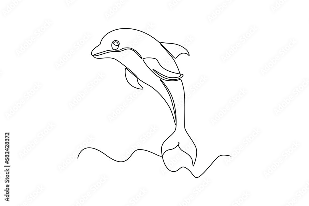 Continuous one-line drawing dolphin jumping in the sea Animals concept single line draw design graphic vector illustration Continuous one-line drawing dolphin jumping in the sea Animals concept single line draw design graphic vector illustration