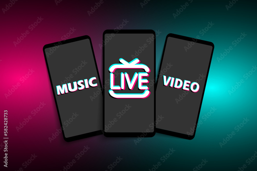 Smartphones with icons of the popular social media TikTok on a modern background. LIVE, VIDEO, MUSIC. - obrazy, fototapety, plakaty 