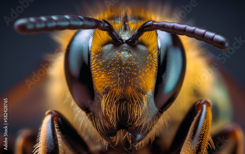Detailed macro shot of a bee with focus on its eyes and antennae against a blurred background.