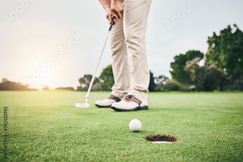 Bilde på lerret Golf stroke, sport putt and golfer hands in game, fitness and exercise on grass with a swing