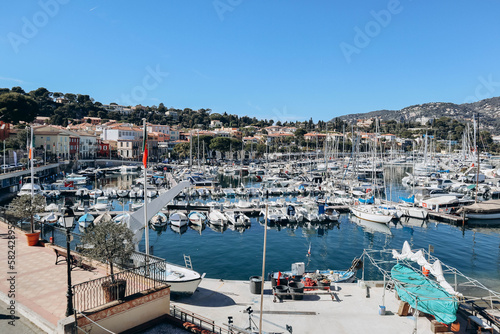 Saint-Jean-Cap-Ferrat  France - 18.03.2023  View of the port of the Saint-Jean-Cap-Ferrat peninsula on a March sunny day