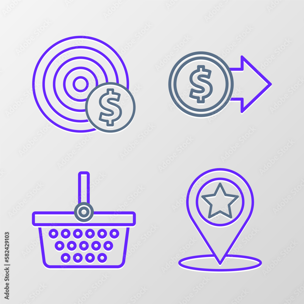 Set line Map pointer with star, Shopping basket, Coin money dollar symbol and Target icon. Vector