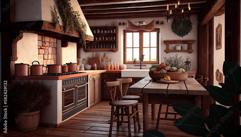Artisanal Rustic A Kitchen with Handcrafted Details and Raw Materials, Kitchen room illustration, Generative AI